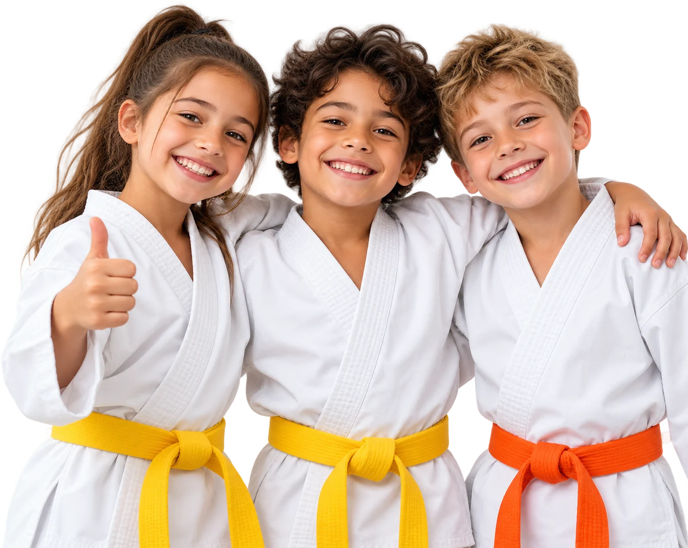Three smiling kids in martial arts uniforms